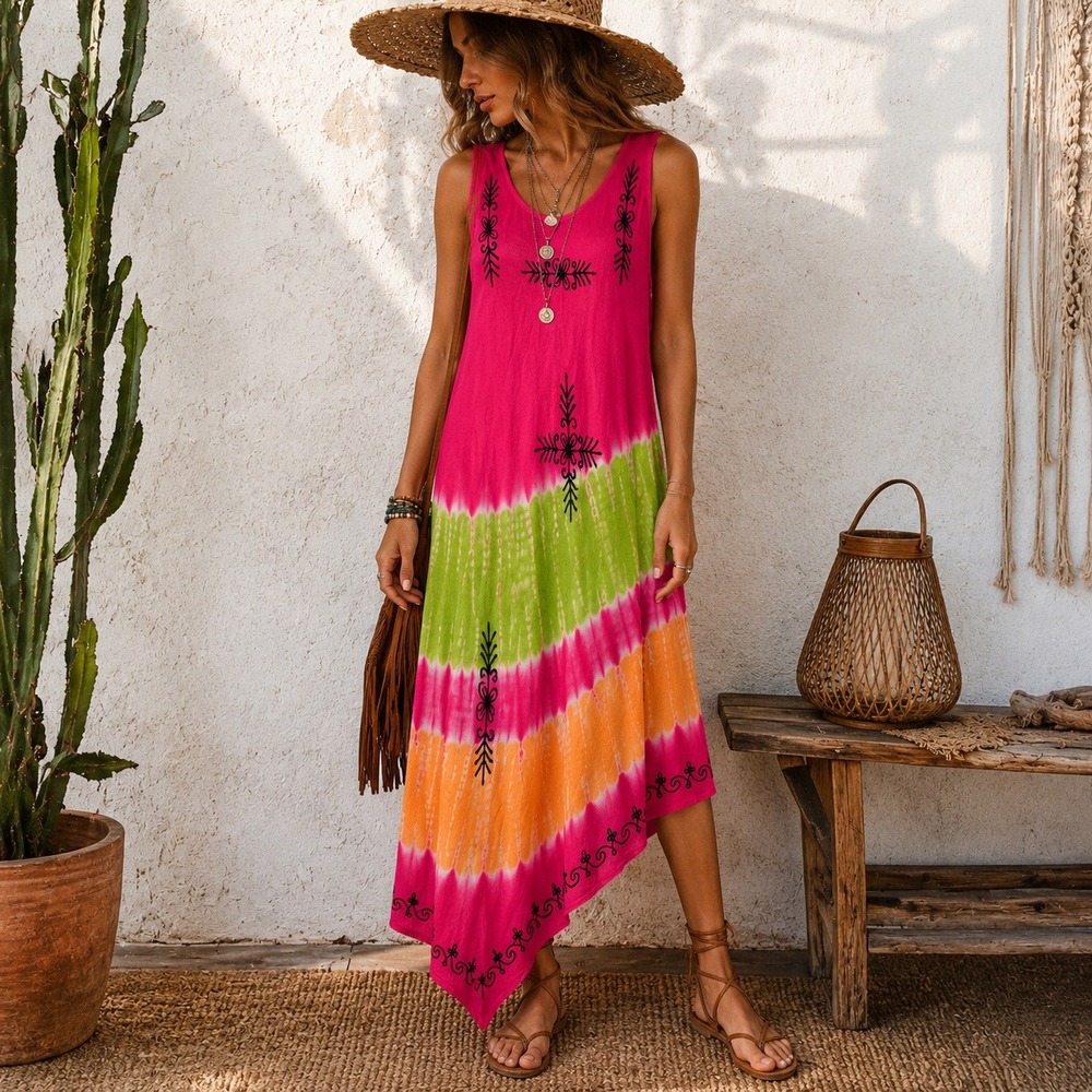 Vintage Y2K Boho Chic Festival Folk Fairy Cute Options Tie Dye Womens OSFM Dress